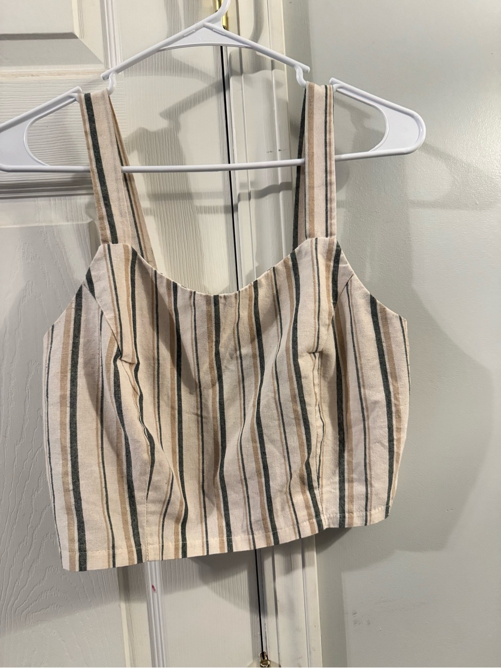 Striped Cream & Tan Sleeveless Crop Top with Black Accents